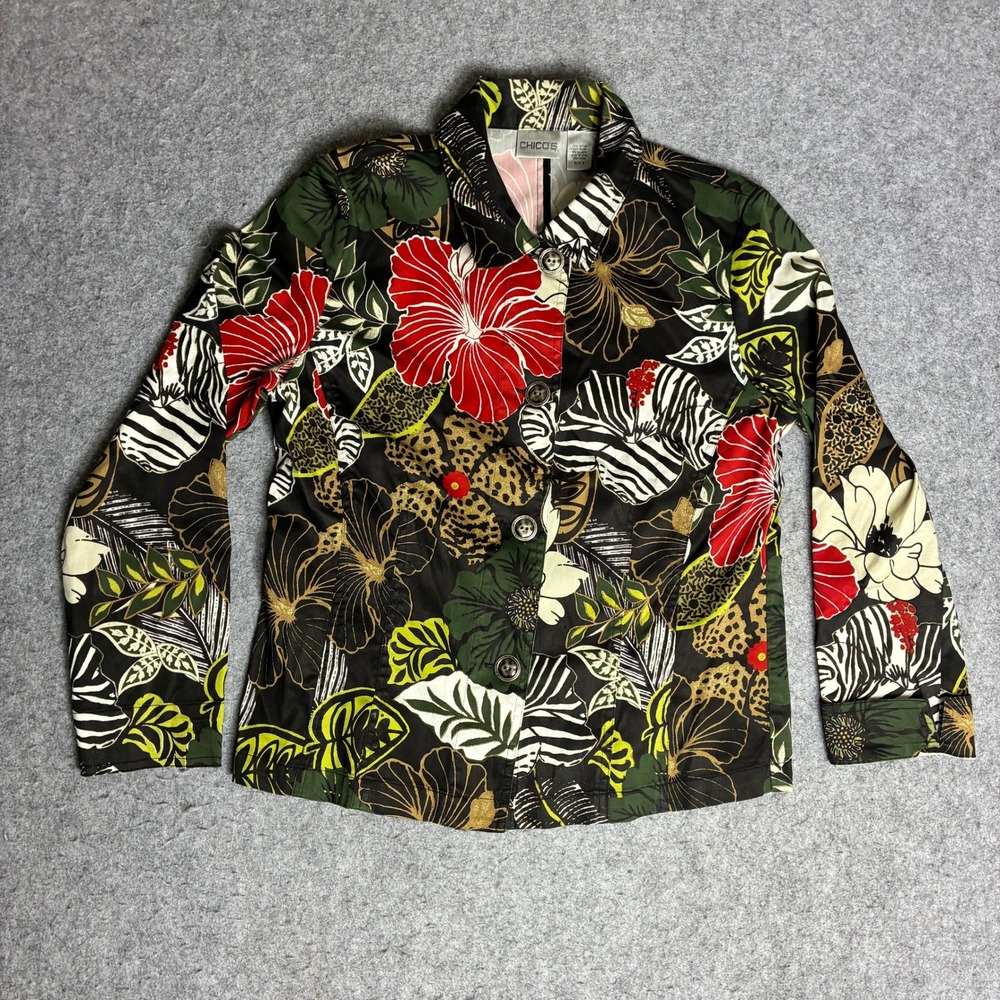 Chico's Tropical Floral Animal Print Jacket Womens Size 0 Multicolor Excellent